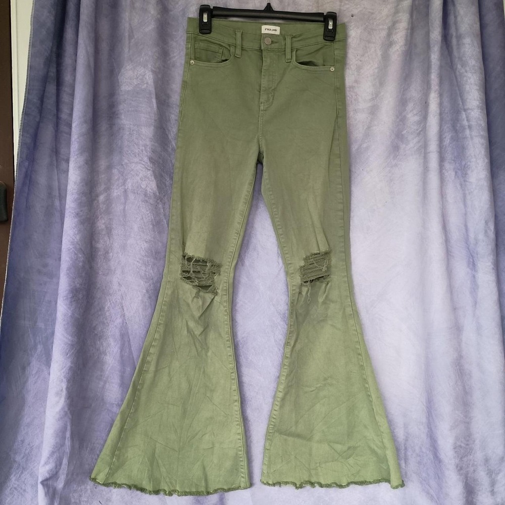 Sneak Peak Olive Green Distressed Bell Bottom Jeans Flare Pants Boho Festival 27